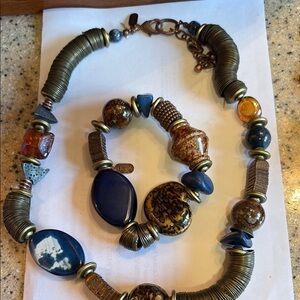 Handcrafted Blue and Gold Necklace & Bracelet with Intricate Beadwork